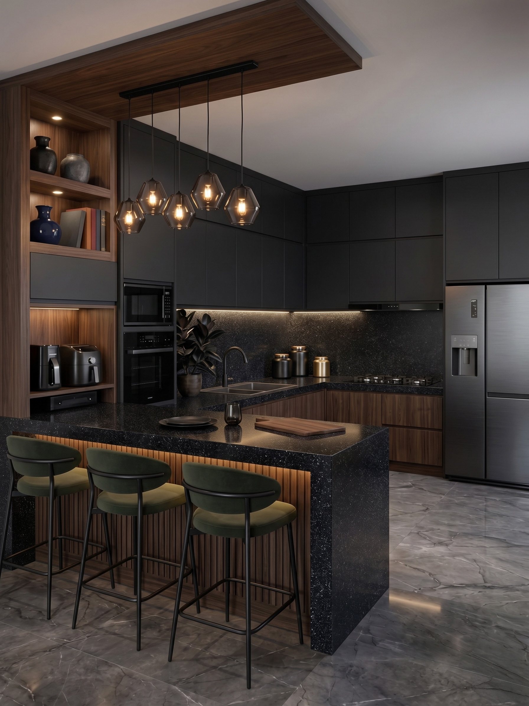 Kitchen with a dark Grunor stone worktop