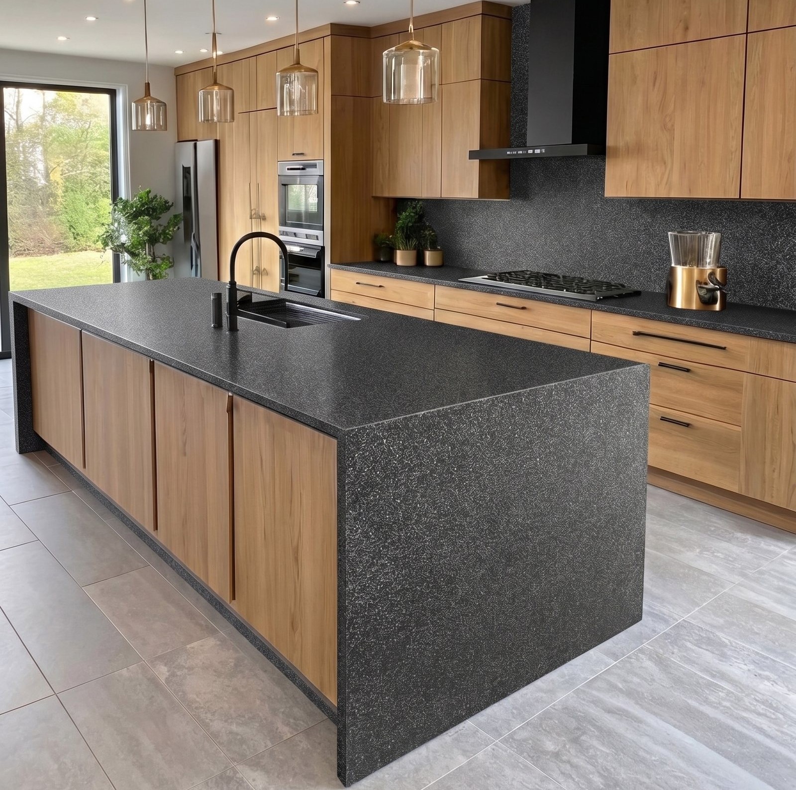 Open-plan kitchen with an island in Grunor stone